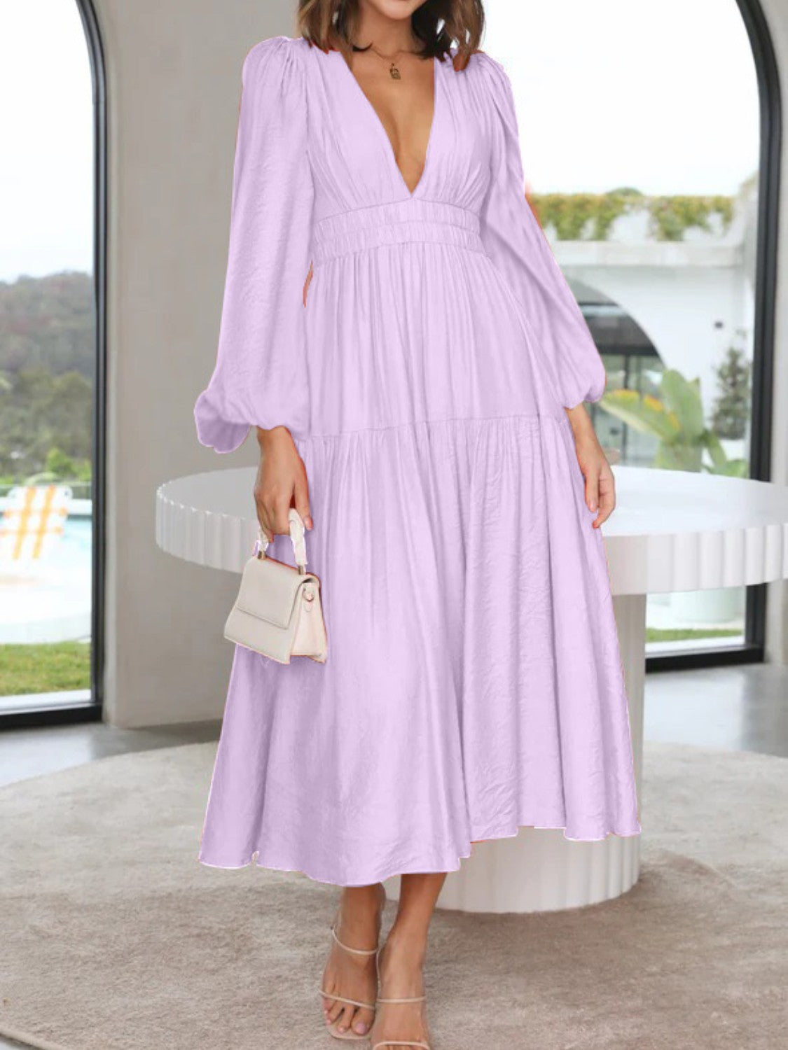 Deep V-Neck Balloon Sleeve Plain Maxi Dress - Lavender / S