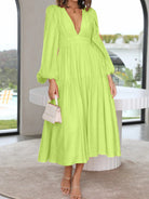 Deep V-Neck Balloon Sleeve Plain Maxi Dress - Mint Green / S