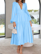 Deep V-Neck Balloon Sleeve Plain Maxi Dress - Pastel Blue / S