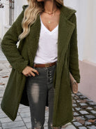 Devine Pocketed Long Sleeve Hooded Teddy Coat - Army Green / S