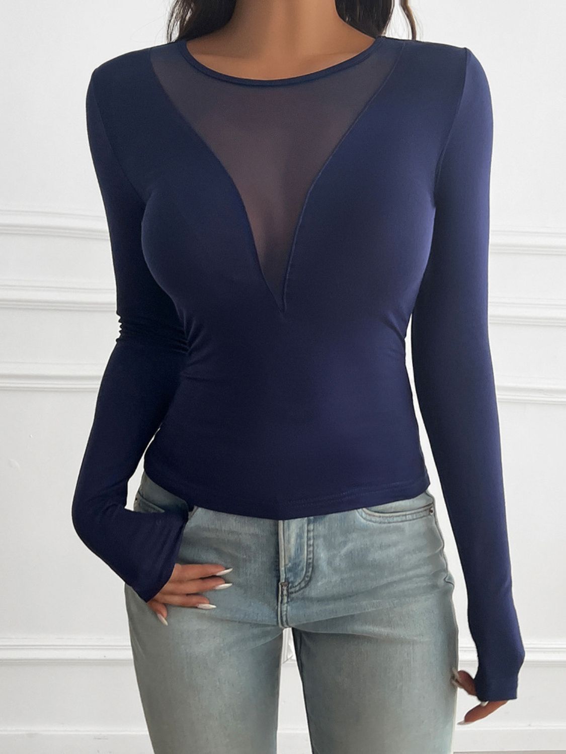 Devine Round Neck Long Sleeve T-Shirt - Dark Blue / S