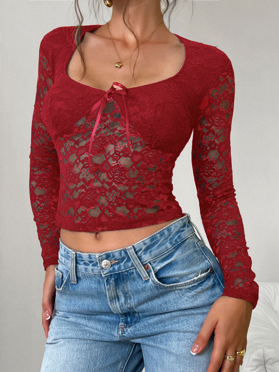 Devine Scoop Neck Long Sleeve Lace Top - Burgundy / S