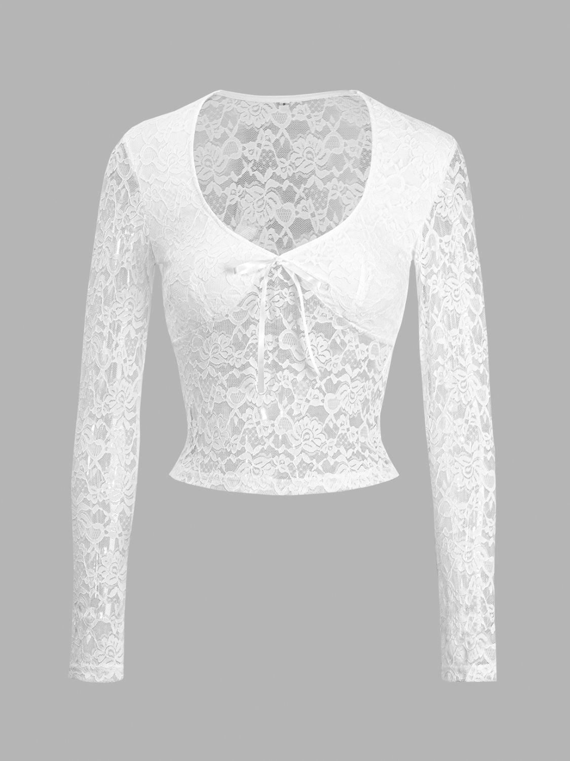 Devine Scoop Neck Long Sleeve Lace Top - White / S