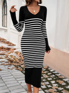 Devine Striped V-Neck Long Sleeve Sweater Dress - Black / S