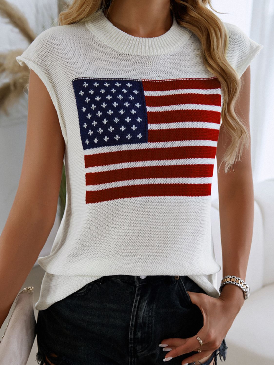 Devine US Flag Round Neck Sweater Vest - White / S