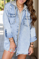 Distressed Button Up Long Sleeve Denim Jacket - Medium / S