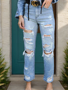 Distressed Straight Jeans with Pockets - Light / S