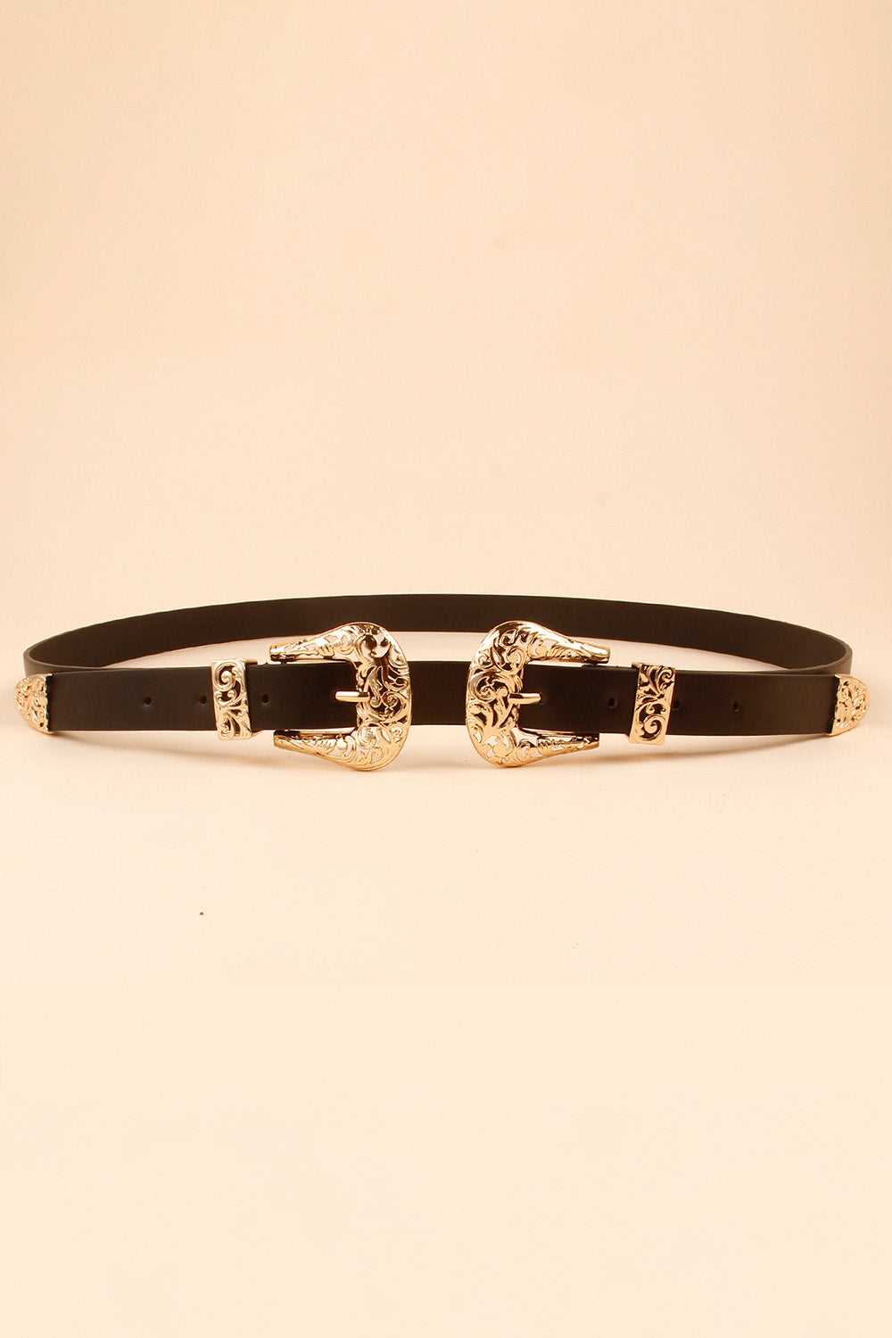 Double Buckle PU Leather Belt - Black / One Size