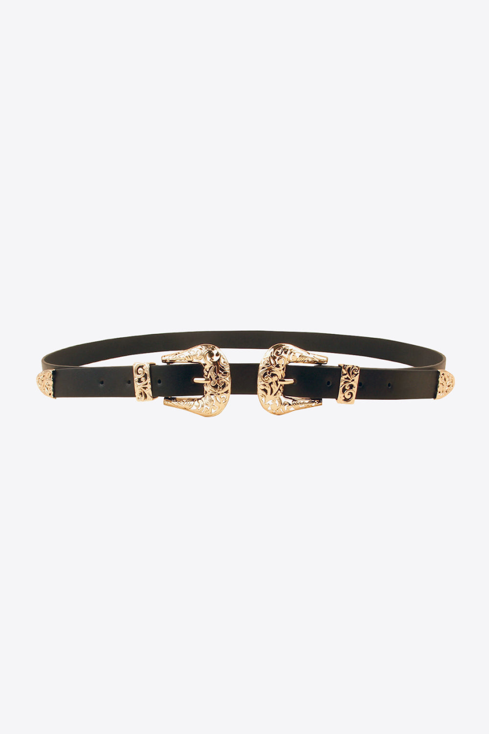 Double Buckle PU Leather Belt - Black / One Size