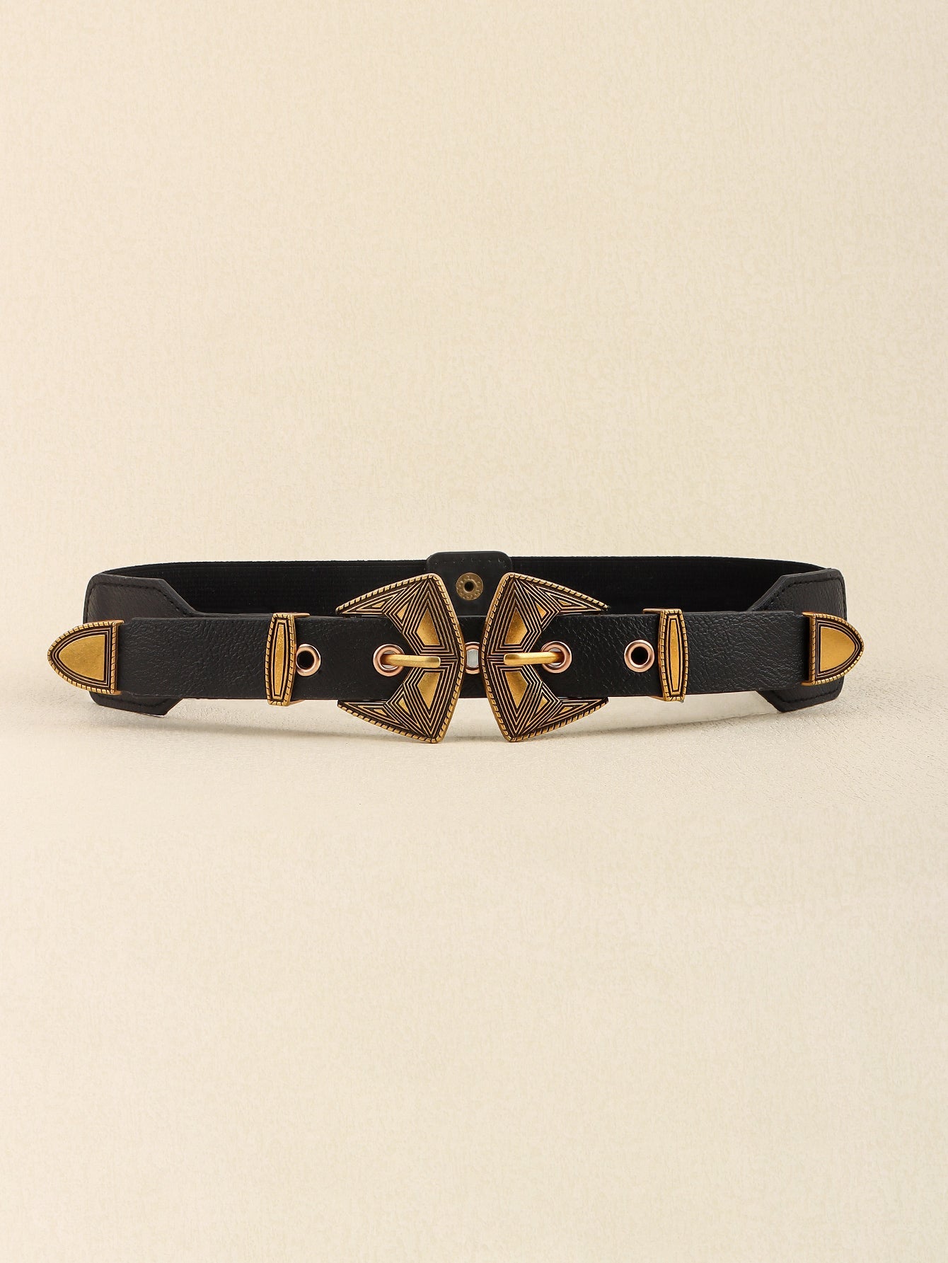 Double Buckle PU Leather Belt - Gold/Elasticated / One Size