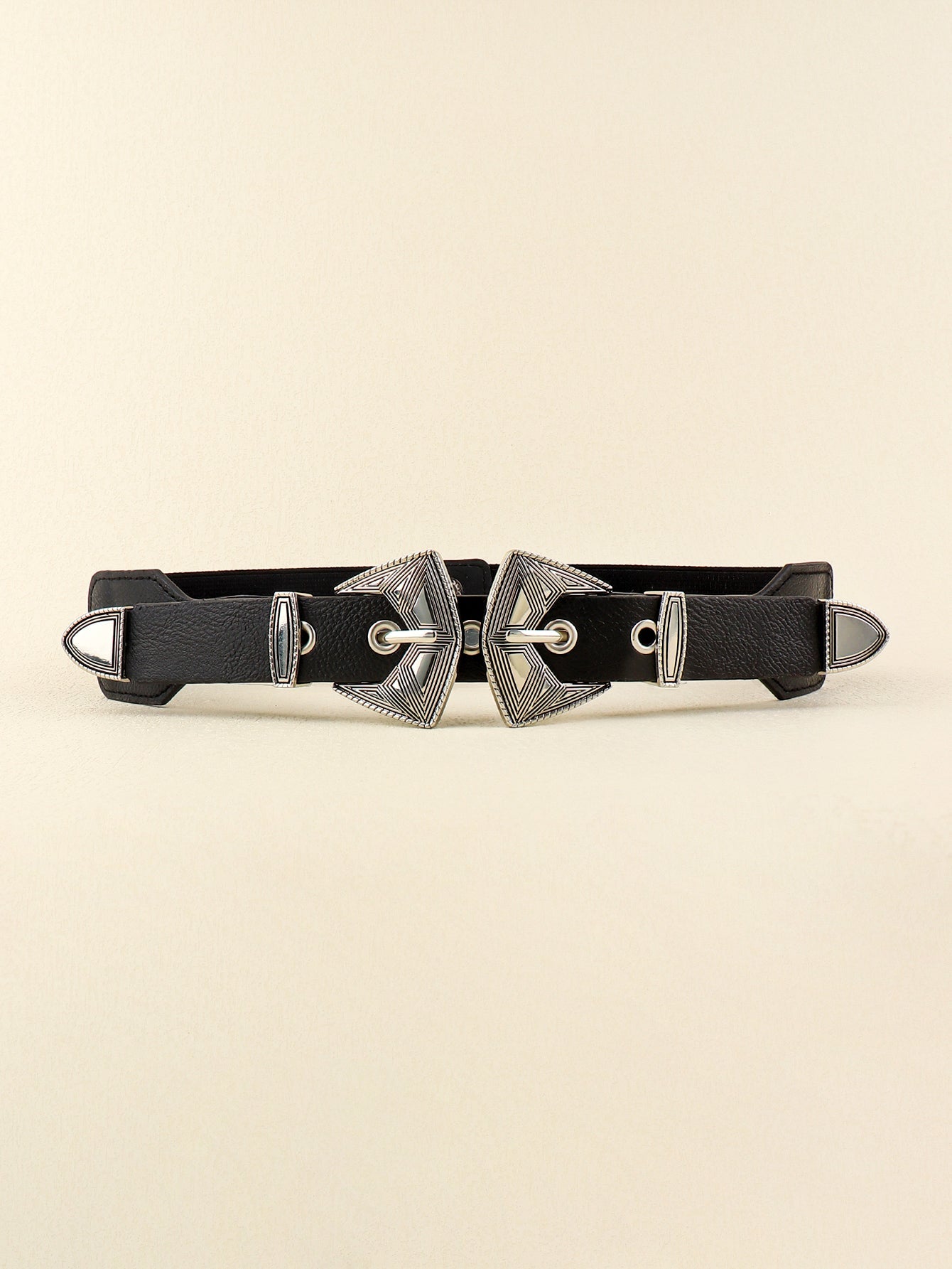 Double Buckle PU Leather Belt - Silver/Elasticated / One Size