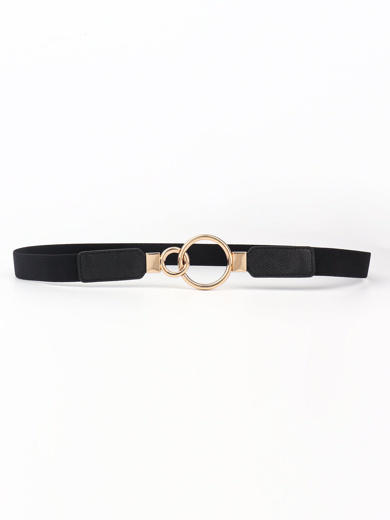 Double Ring Buckle Elastic PU Belt - Black / One Size