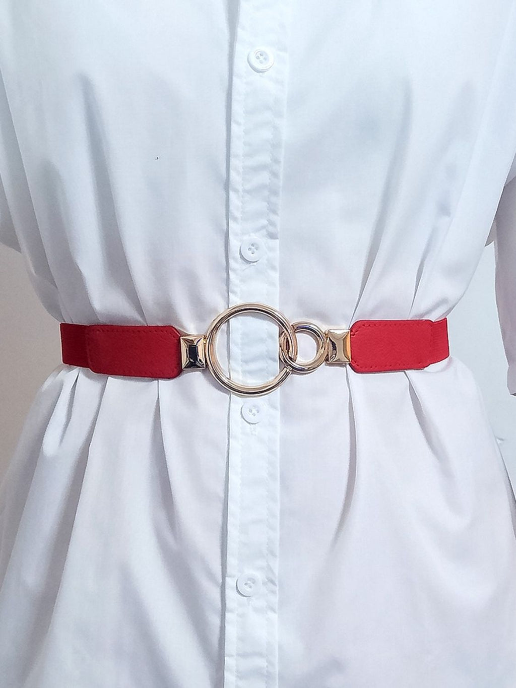 Double Ring Buckle Elastic PU Belt - Red / One Size