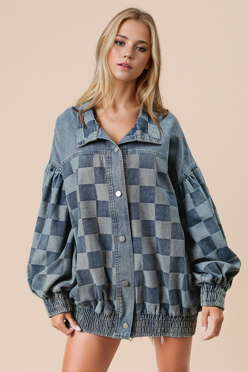 Double Take Checkered Button Up Denim Jacket - Medium / S