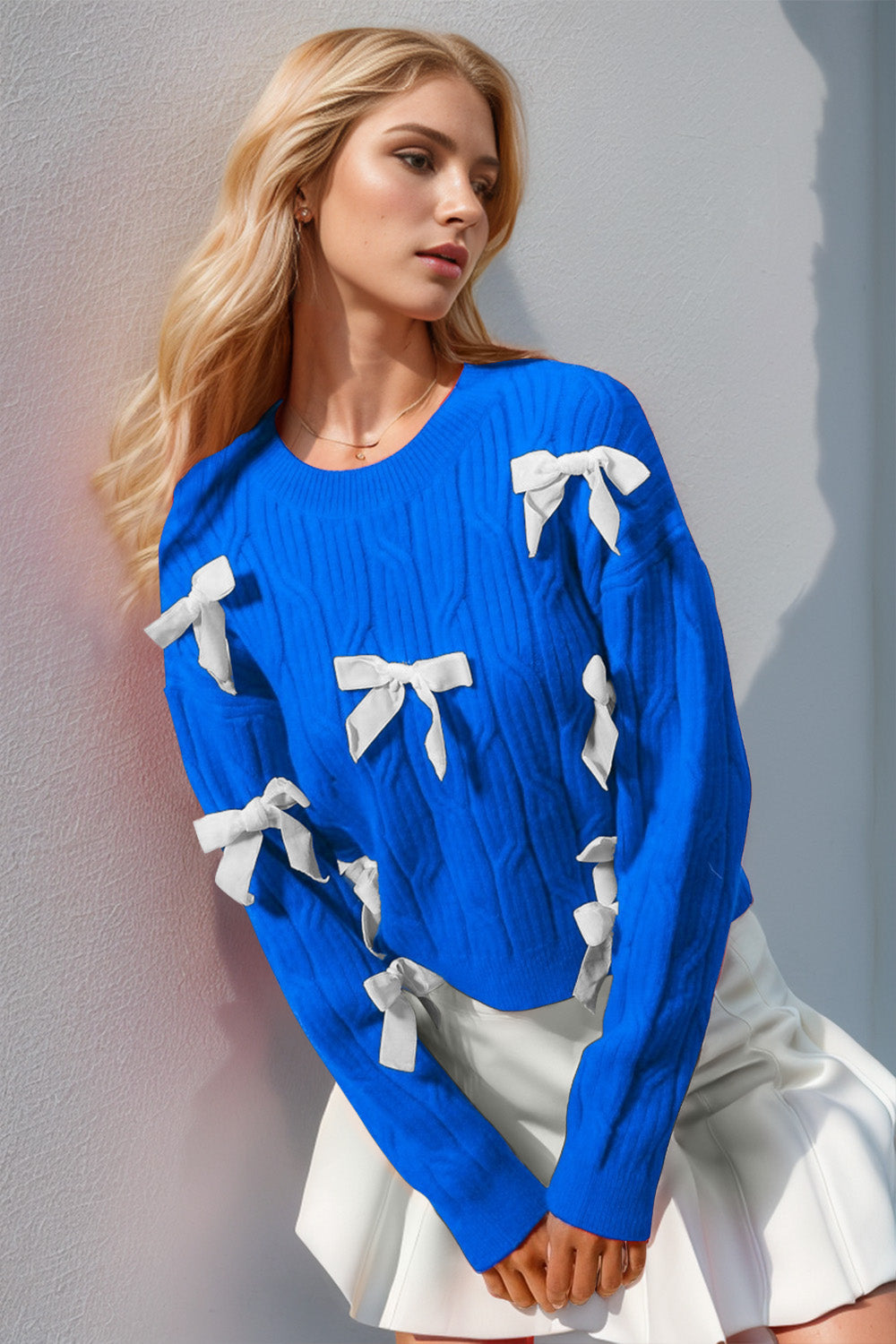 Double Take Full Size Bow Cable-Knit Round Neck Sweater - Blue / S/M