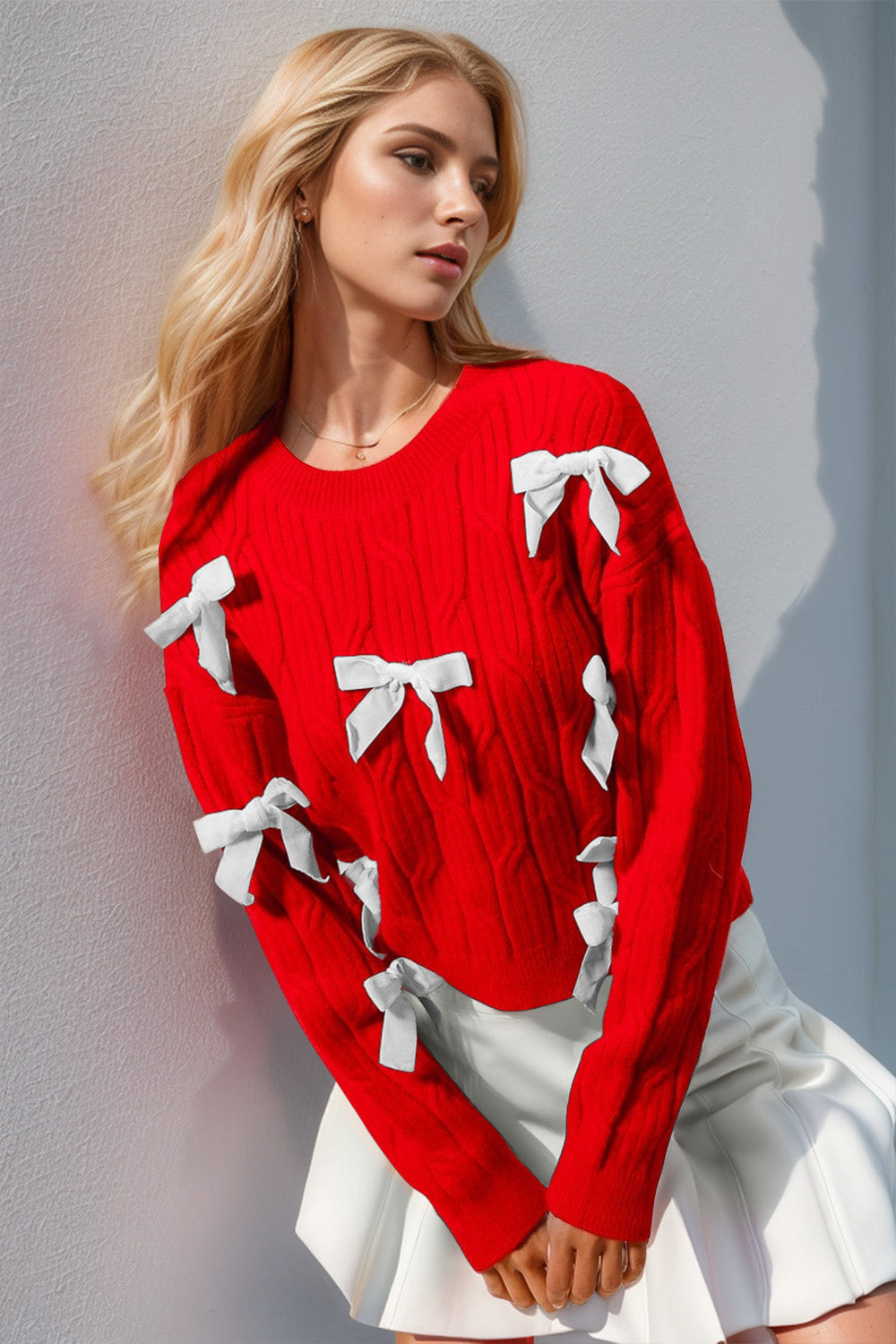 Double Take Full Size Bow Cable-Knit Round Neck Sweater - Red / S/M