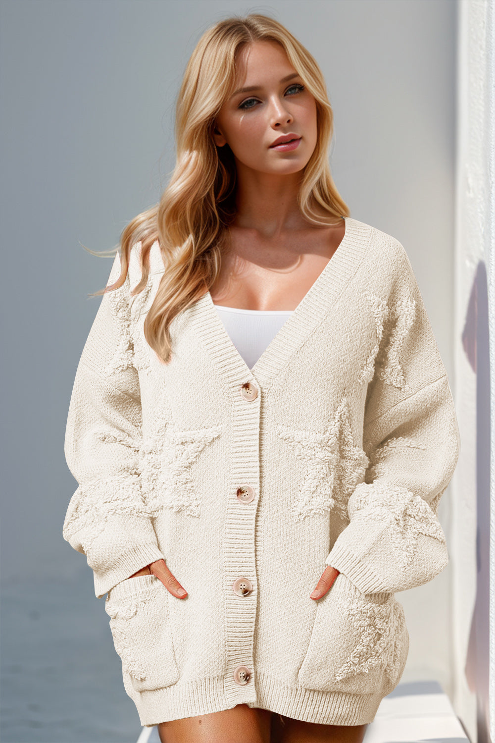 Double Take Full Size Button Up Star Pattern Cardigan - Beige / S/M