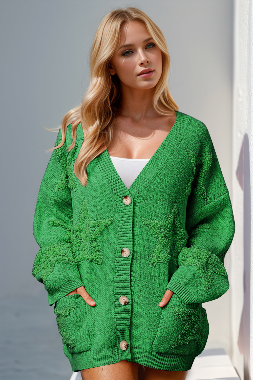 Double Take Full Size Button Up Star Pattern Cardigan - Green / S/M