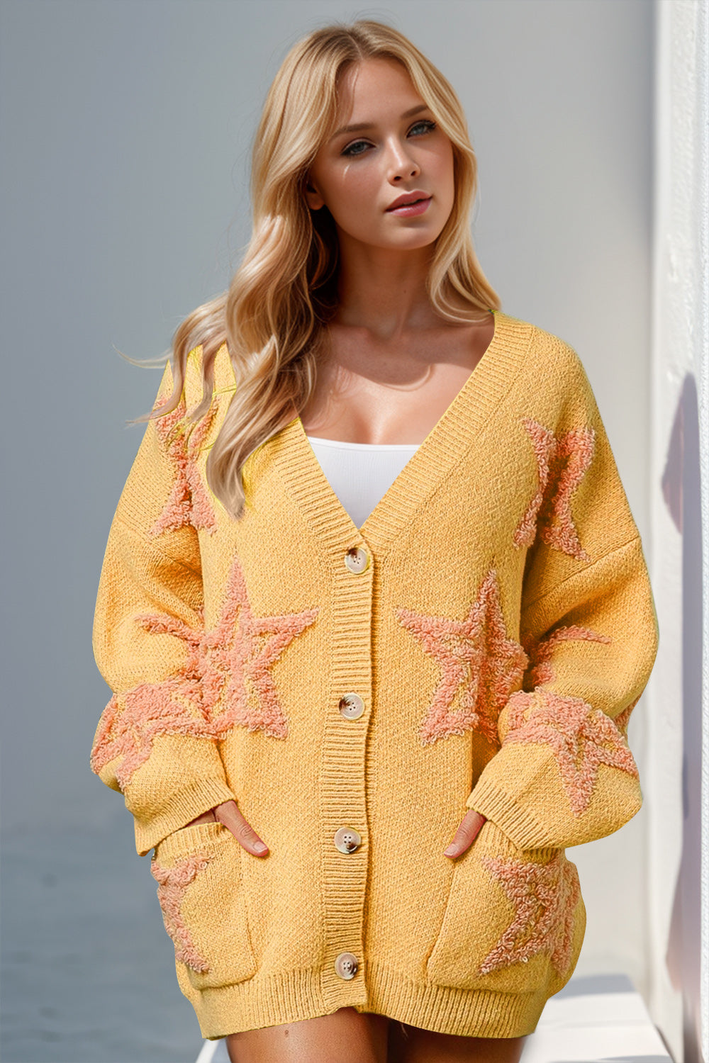 Double Take Full Size Button Up Star Pattern Cardigan - Yellow / S/M