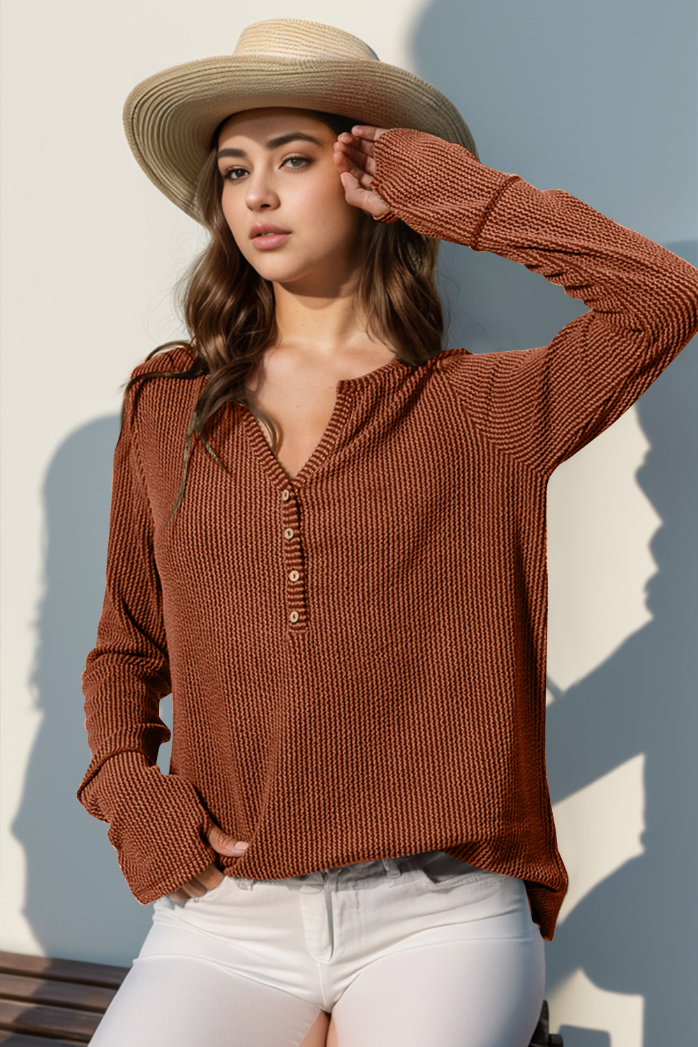 Double Take Full Size Notched Thumbhole Long Sleeve T-Shirt - Caramel / S