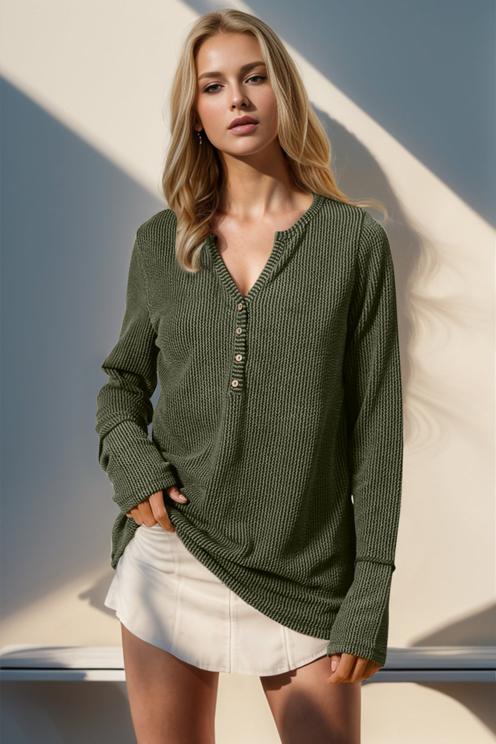 Double Take Full Size Notched Thumbhole Long Sleeve T-Shirt - Moss / S
