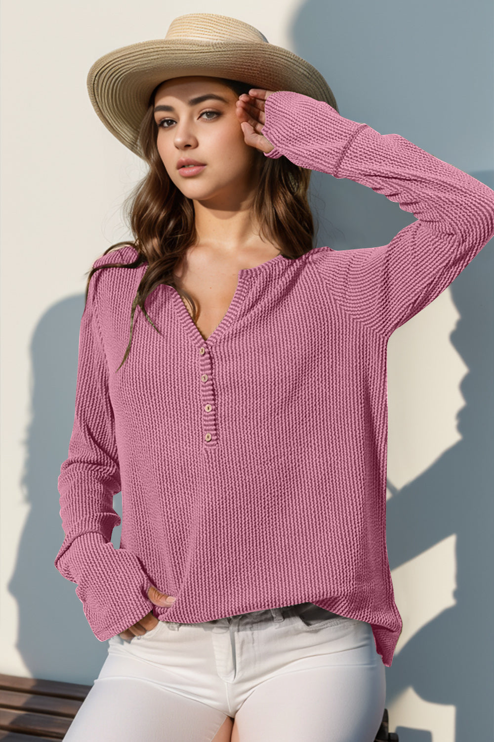 Double Take Full Size Notched Thumbhole Long Sleeve T-Shirt - Pink / S