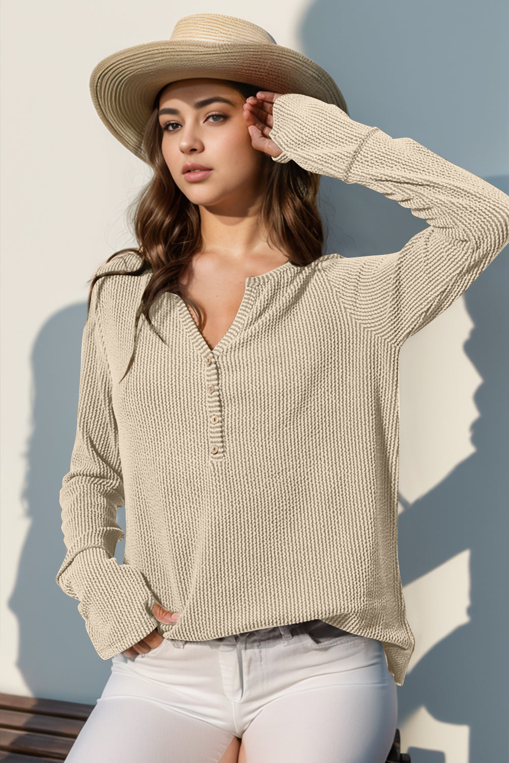 Double Take Full Size Notched Thumbhole Long Sleeve T-Shirt - Tan / S
