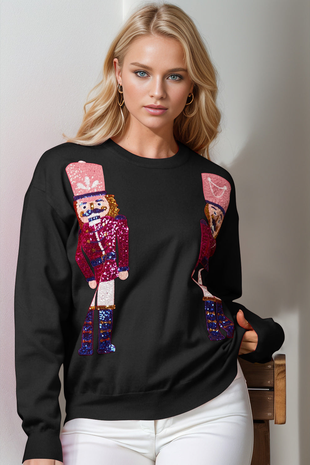 Double Take Full Size Nutcracker Sequin Long Sleeve Sweater - Black / S/M