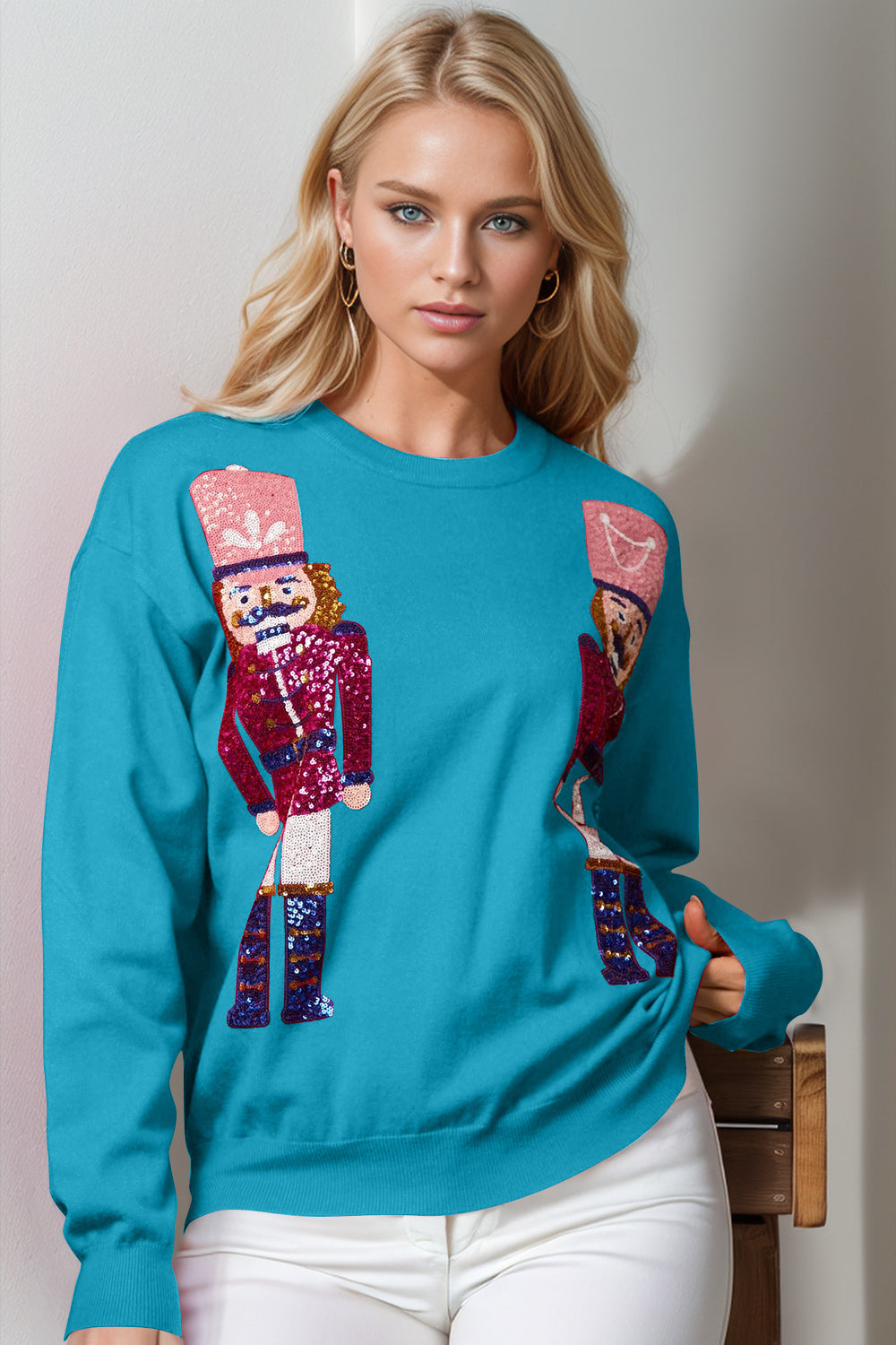 Double Take Full Size Nutcracker Sequin Long Sleeve Sweater - Cerulean / S/M