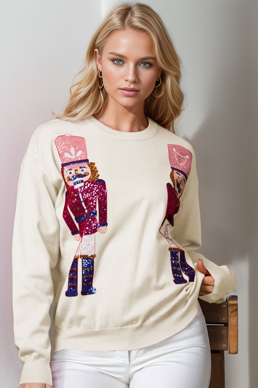 Double Take Full Size Nutcracker Sequin Long Sleeve Sweater - Ivory / S/M