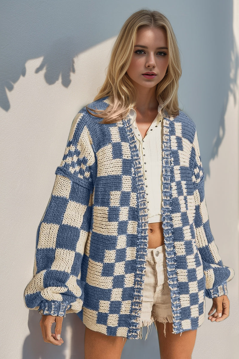 Double Take Full Size Open Front Checkered Drop Shoulder Cardigan - Pastel Blue / S/M
