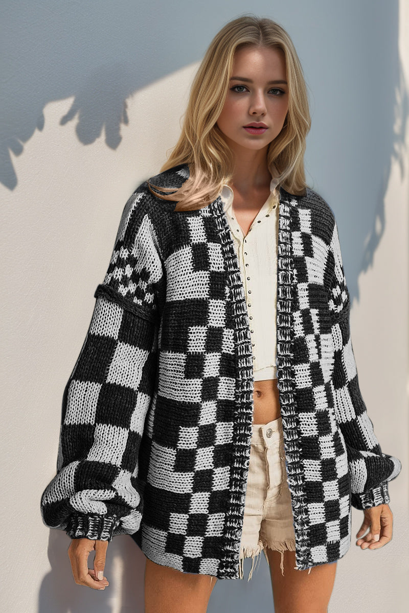 Double Take Full Size Open Front Checkered Drop Shoulder Cardigan - Black / S/M