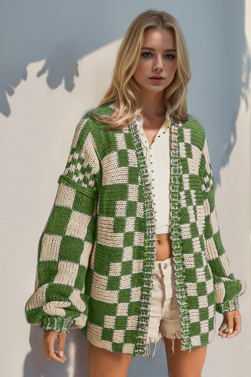 Double Take Full Size Open Front Checkered Drop Shoulder Cardigan - Green / S/M