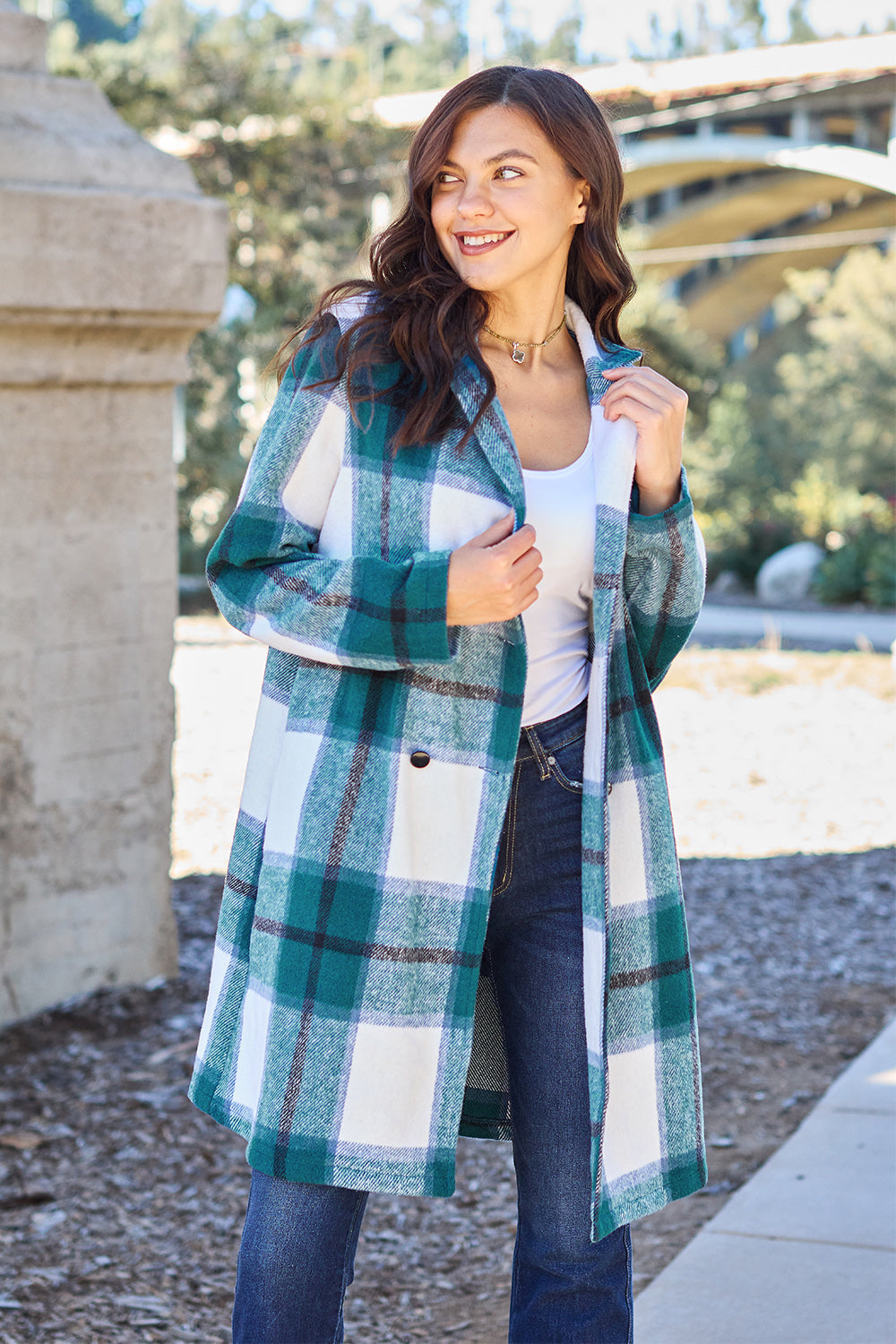 Double Take Full Size Plaid Button Up Lapel Collar Coat - French Blue / S