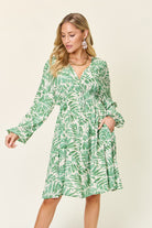 Double Take Full Size Printed Ruched Balloon Sleeve Dress - Light Green / S