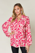 Double Take Full Size Printed Ruffle Trim Balloon Sleeve Shirt - Hot Pink / S