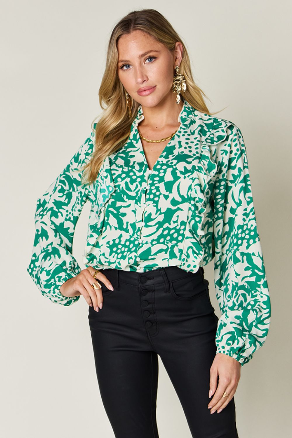 Double Take Full Size Printed Ruffle Trim Balloon Sleeve Shirt - Mid Green / S