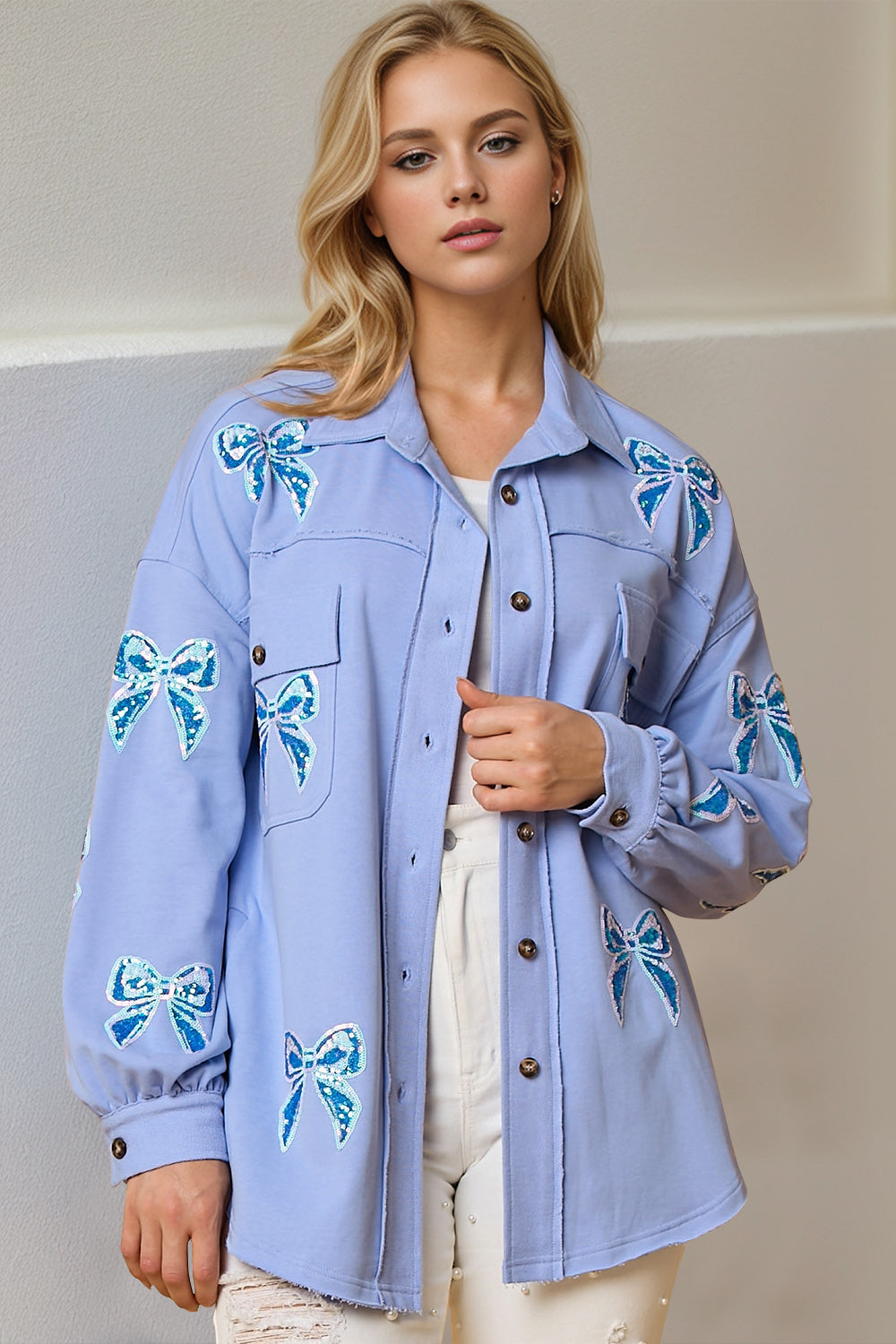 Double Take Full Size Sequin Bow Button Up Shacket - Light Blue / S