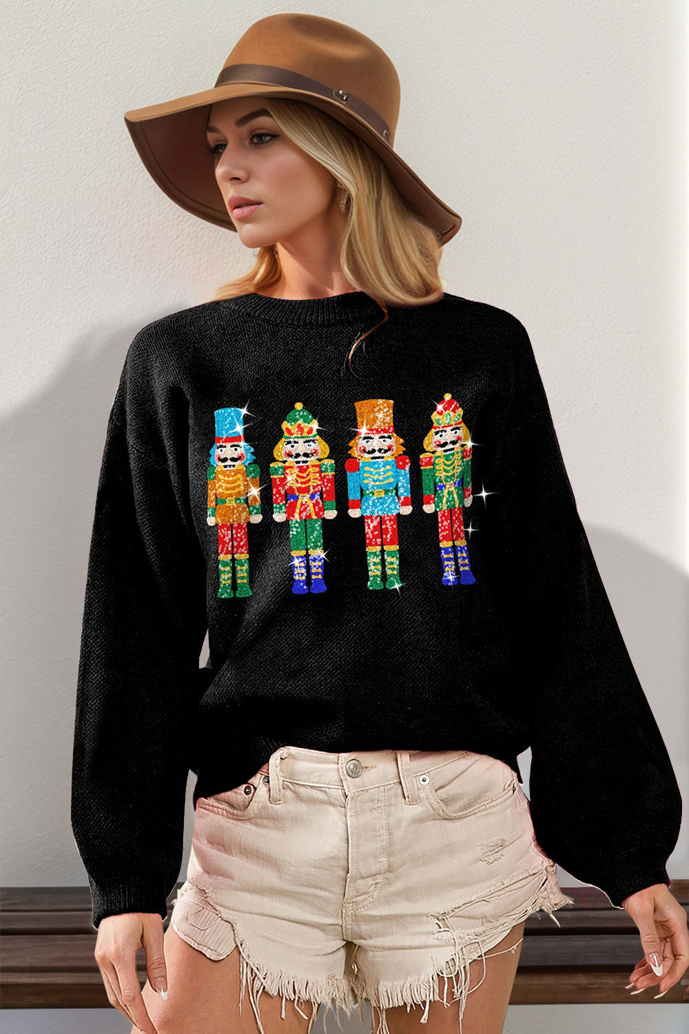 Double Take Full Size Sequin Nutcracker Long Sleeve Sweater - Black / S/M