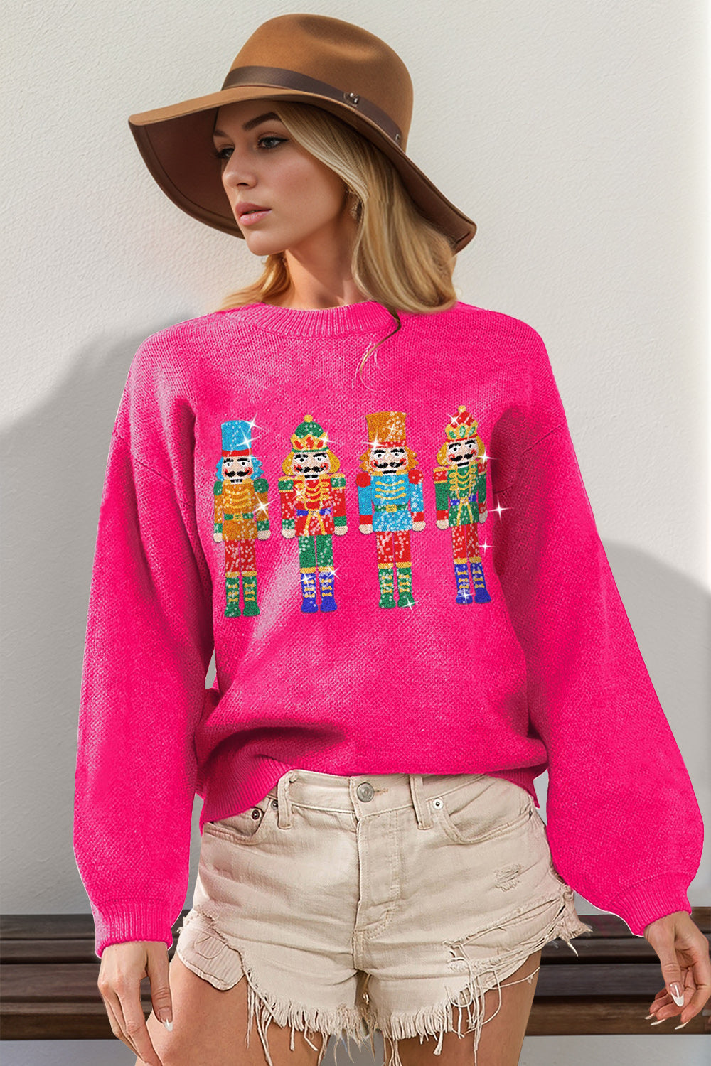 Double Take Full Size Sequin Nutcracker Long Sleeve Sweater - Hot Pink / S/M