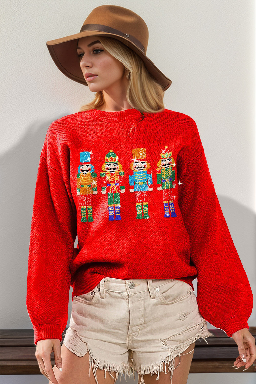 Double Take Full Size Sequin Nutcracker Long Sleeve Sweater - Red / S/M