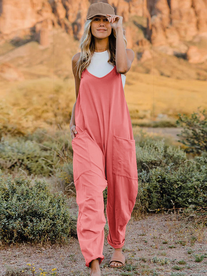 Double Take Full Size Sleeveless V-Neck Pocketed Jumpsuit - Coral / S