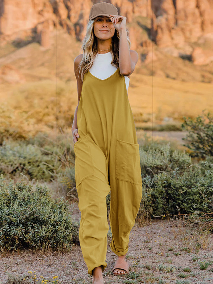 Double Take Full Size Sleeveless V-Neck Pocketed Jumpsuit - Yellow / S