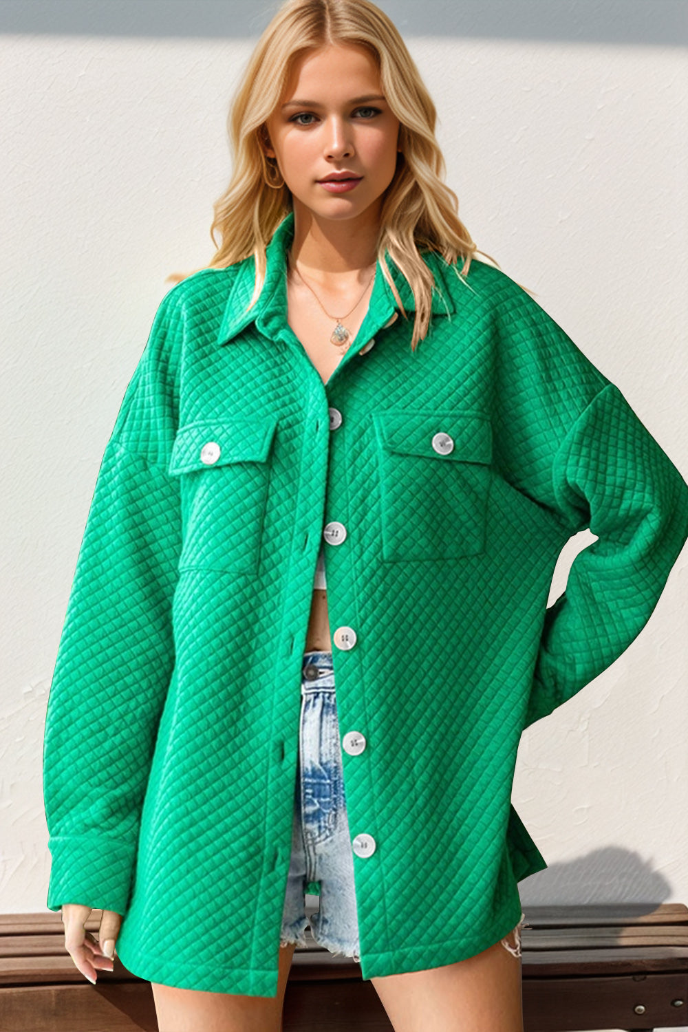 Double Take Full Size Textured Button Up Drop Shoulder Shacket - Green / S
