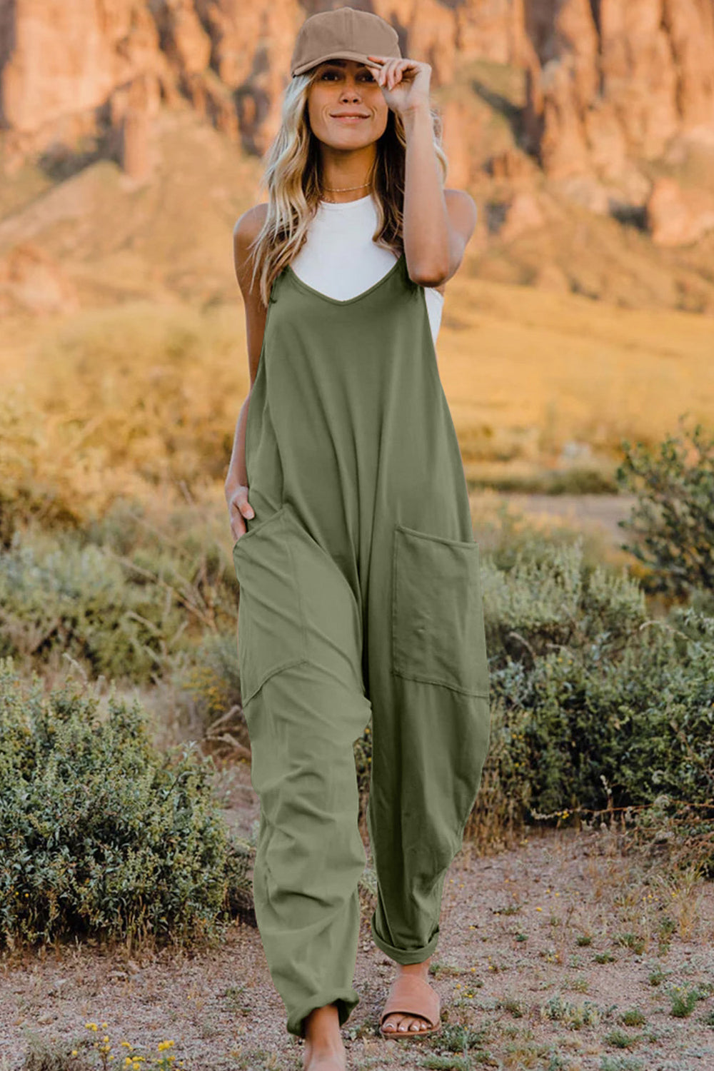 Double Take Full Size V-Neck Sleeveless Jumpsuit with Pockets - Army Green / S