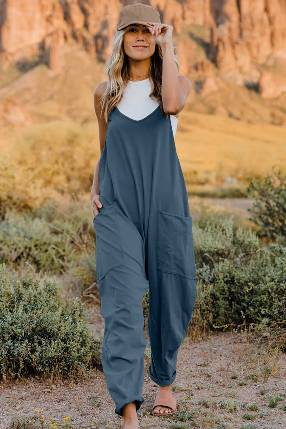 Double Take Full Size V-Neck Sleeveless Jumpsuit with Pockets - French Blue / S