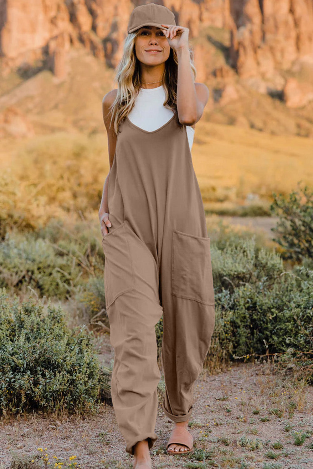 Double Take Full Size V-Neck Sleeveless Jumpsuit with Pockets - Khaki / S