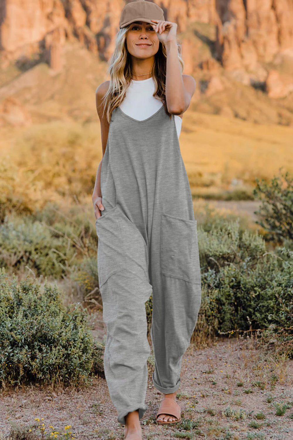Double Take Full Size V-Neck Sleeveless Jumpsuit with Pockets - Light Gray / S
