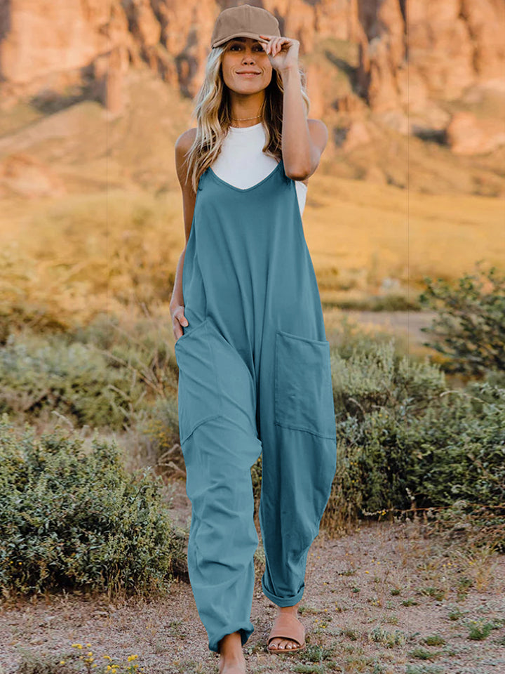 Double Take Full Size V-Neck Sleeveless Jumpsuit with Pockets - Pastel Blue / S