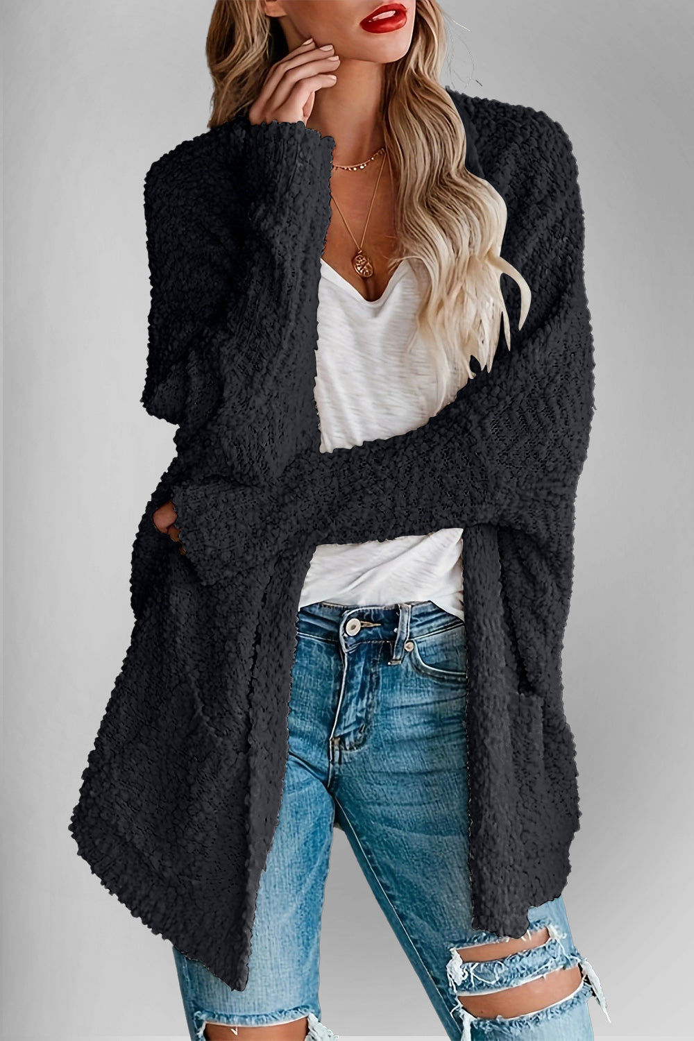 Double Take Pocketed Open Front Long Sleeve Cardigan - Black / S